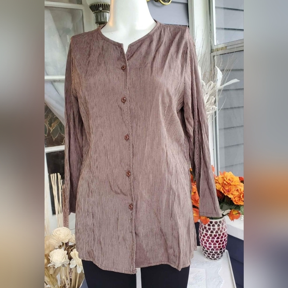Jaclyn Smith Button Down Shirt Top Blouse Brown Vertical Striped Longsleev Small